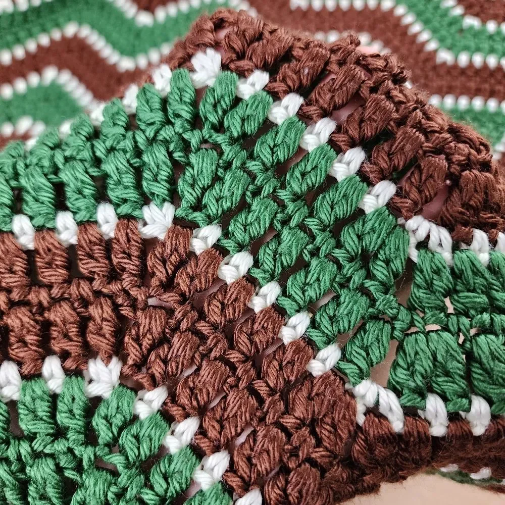 Handmade Crochet Throw Blanket Green Brown White Chevron Zigzag Scalloped Retro